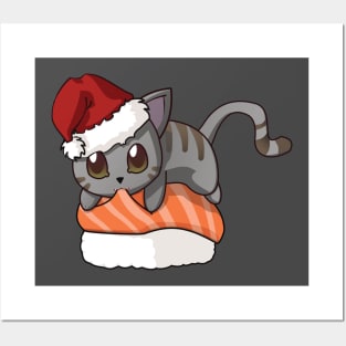 Grey Cat Salmon Sushi Christmas Posters and Art